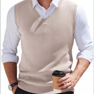 Pronto Uomo Men’s Khaki Knitted Vest 100%Extra Fine Merino Wool Pullover